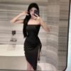 16001#Black Strapless Draped Ruched Mini Dress