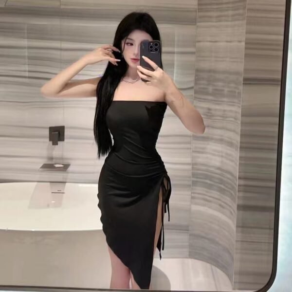 16001#Black Strapless Draped Ruched Mini Dress