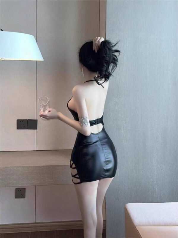 16010#Black Halter Cutout Leather-Look Mini Dress