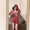 16015#Red Tie-Dye Cutout Mini Dress