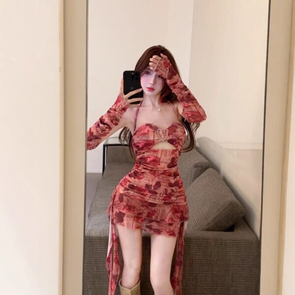 16015#Red Tie-Dye Cutout Mini Dress