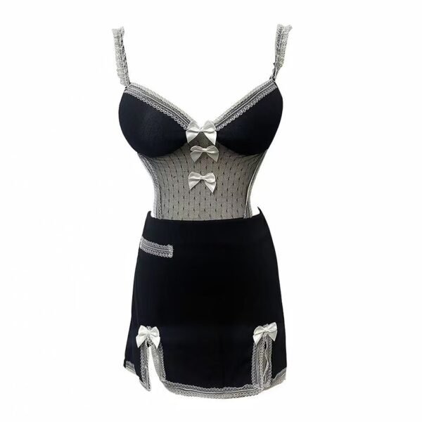 16016# Black Ruffled Lingerie Set with Contrast Trim