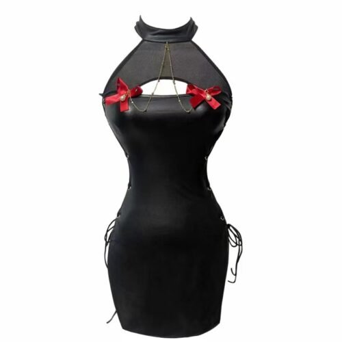 16018#Black Halter Cutout Dress with Red Accents