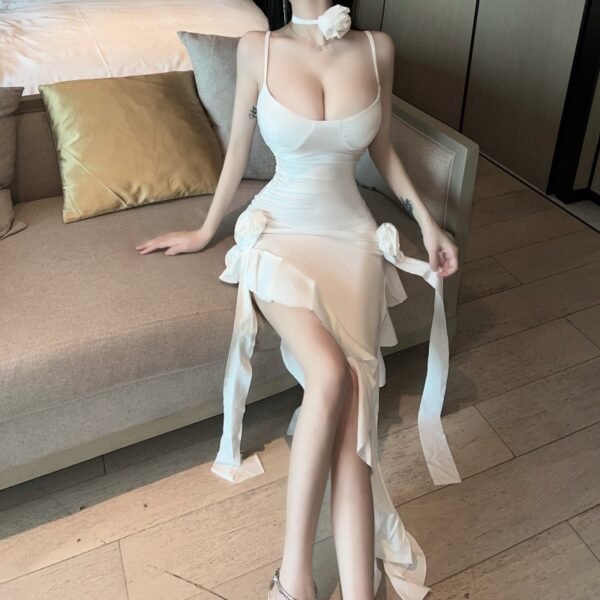 16019# White Sheer Ruffled Mesh Dress Description: