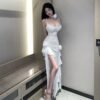 16019# White Sheer Ruffled Mesh Dress Description: