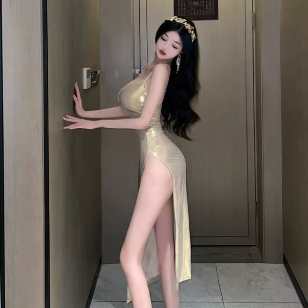 16021#Gold Sleeveless Maxi Dress — Spaghetti Strap Deep V-Neck High Slit Evening Party Gown