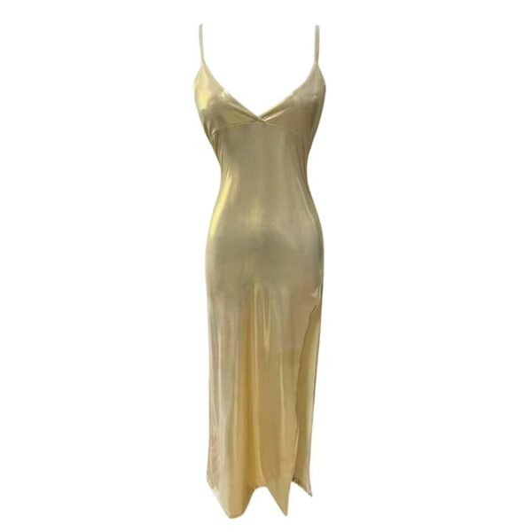 16021#Gold Sleeveless Maxi Dress — Spaghetti Strap Deep V-Neck High Slit Evening Party Gown