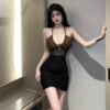 16022#Black & Brown Mesh Mini Dress — Crisscross V-Neck Ruched Bodycon Party Dress