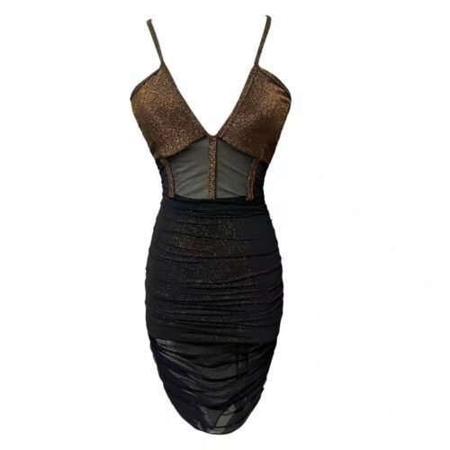 16022#Black & Brown Mesh Mini Dress — Crisscross V-Neck Ruched Bodycon Party Dress