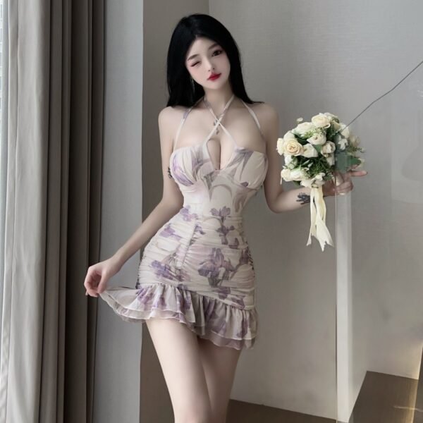 16023#Lavender Tie-Dye Halter Mini Dress — Ruffled Hem Crisscross Back Bodycon Party Dress