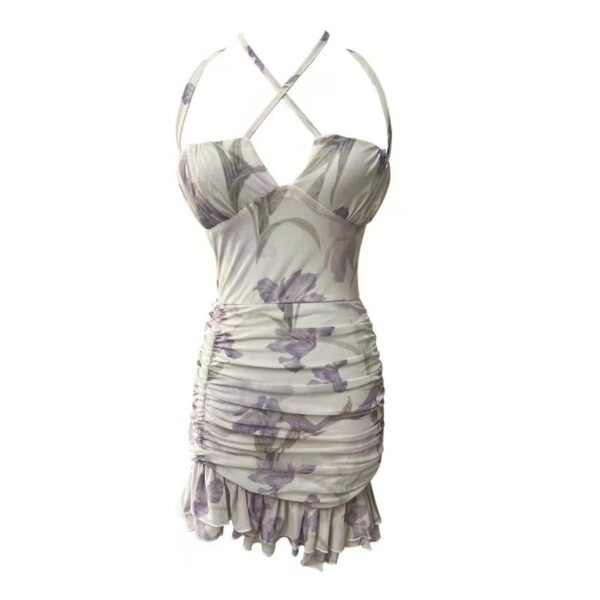 16023#Lavender Tie-Dye Halter Mini Dress — Ruffled Hem Crisscross Back Bodycon Party Dress