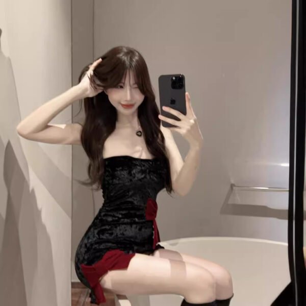 16024#Black Strapless Mini Dress — Red Floral Lace-Up Velvet Bodycon Party Dress