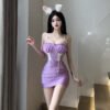 16025#Lavender Purple Strapless Mini Dress — White Lace Corset Style Bodycon Party Dress