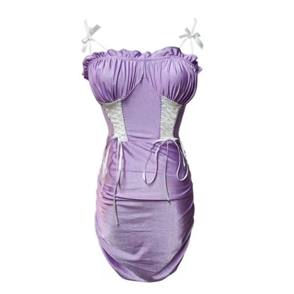 16025#Lavender Purple Strapless Mini Dress — White Lace Corset Style Bodycon Party Dress