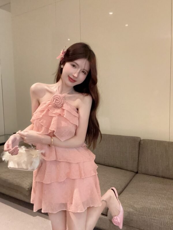 16027#Blush Pink Ruffled Mini Dress — Spaghetti Strap Tiered Chiffon Sweet Party Dress
