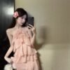 16027#Blush Pink Ruffled Mini Dress — Spaghetti Strap Tiered Chiffon Sweet Party Dress