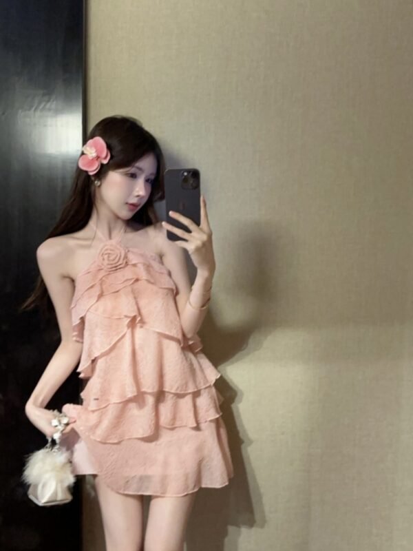 16027#Blush Pink Ruffled Mini Dress — Spaghetti Strap Tiered Chiffon Sweet Party Dress