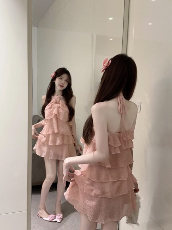 16027#Blush Pink Ruffled Mini Dress — Spaghetti Strap Tiered Chiffon Sweet Party Dress