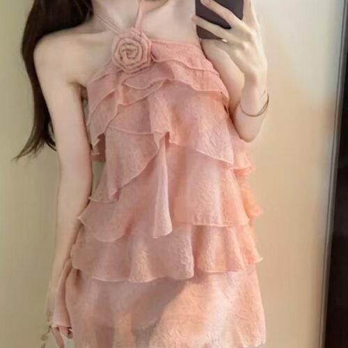 16027#Blush Pink Ruffled Mini Dress — Spaghetti Strap Tiered Chiffon Sweet Party Dress