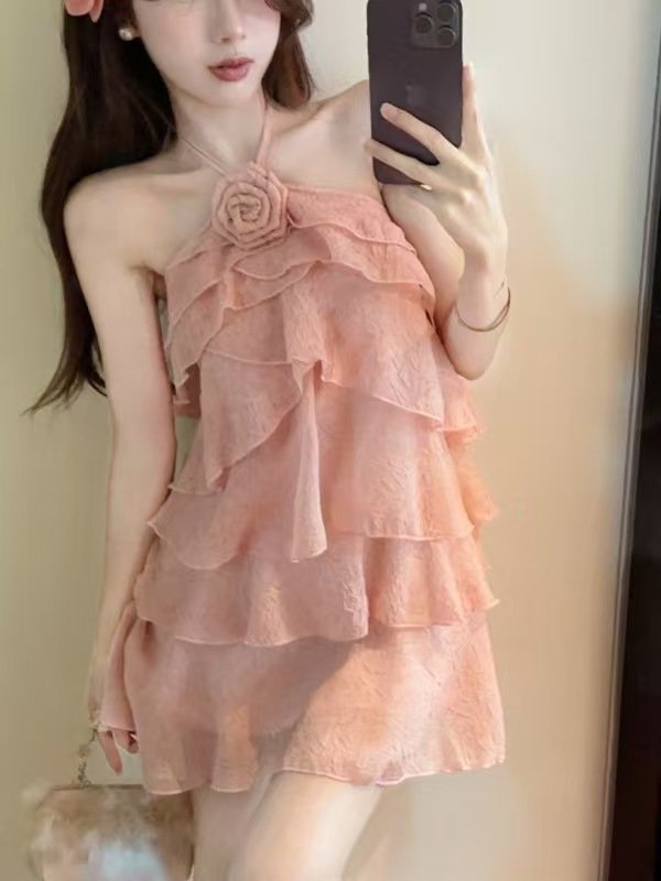 16027#Blush Pink Ruffled Mini Dress — Spaghetti Strap Tiered Chiffon Sweet Party Dress