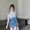 16028#Two-Tone Blue Ruched Mini Dress — Spaghetti Strap Bow Bust Bodycon Party Dress