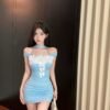 16030#Sky Blue Strapless Mini Dress — White Floral Embroidered Bodycon Party Dress