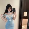 16030#Sky Blue Strapless Mini Dress — White Floral Embroidered Bodycon Party Dress