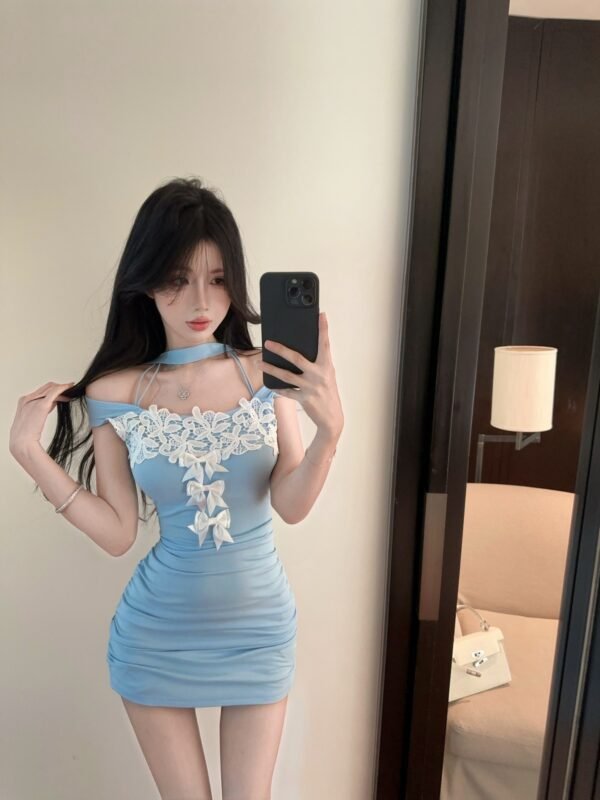 16030#Sky Blue Strapless Mini Dress — White Floral Embroidered Bodycon Party Dress