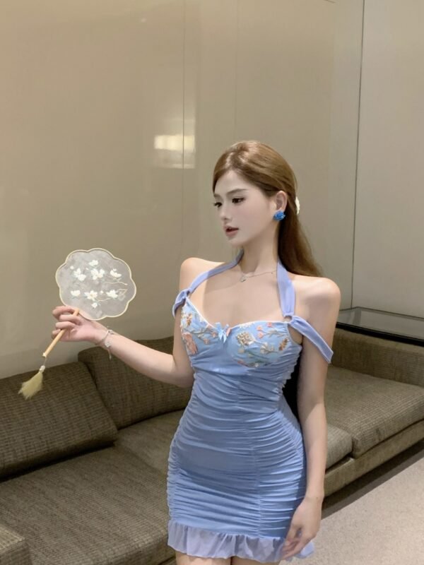16033#Light Blue Lace-Trim Ruched Mini Dress — Spaghetti Strap Off-Shoulder Bodycon Party Dress