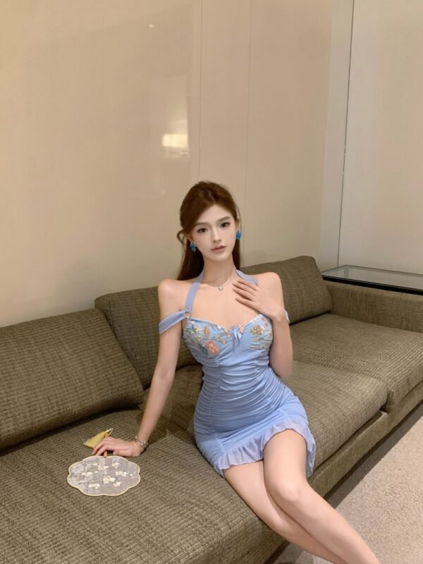 16033#Light Blue Lace-Trim Ruched Mini Dress — Spaghetti Strap Off-Shoulder Bodycon Party Dress
