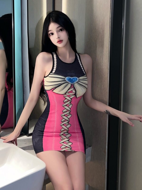 16035#Pink & Black Color-Block Mini Dress — Sleeveless Halter Lace-Up Bodycon Party Dress