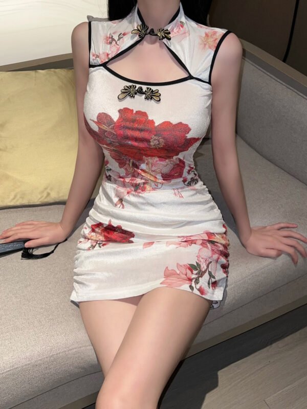 16036#White Floral Qipao Mini Dress — Sleeveless Mandarin Collar Bodycon Modern Chinese Cheongsam
