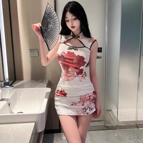 16036#White Floral Qipao Mini Dress — Sleeveless Mandarin Collar Bodycon Modern Chinese Cheongsam