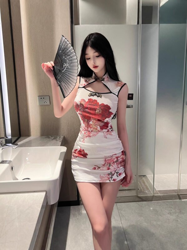 16036#White Floral Qipao Mini Dress — Sleeveless Mandarin Collar Bodycon Modern Chinese Cheongsam