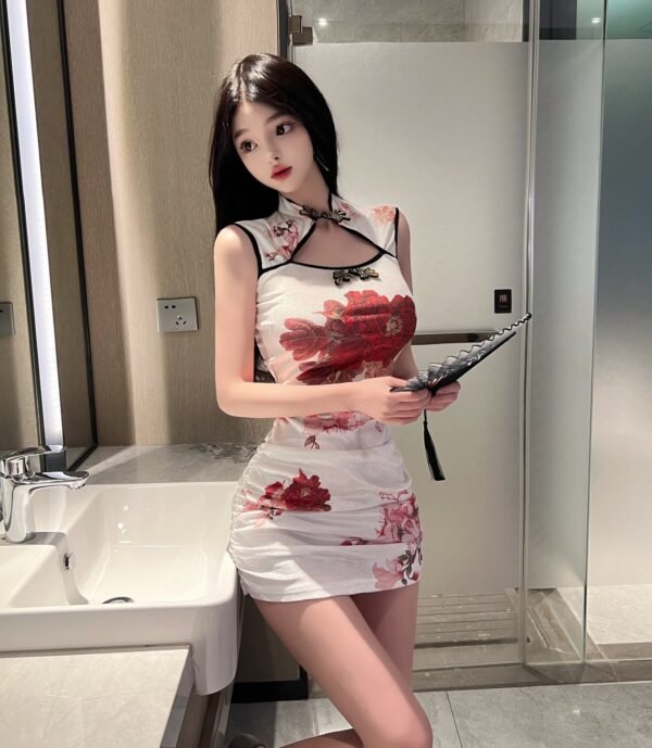 16036#White Floral Qipao Mini Dress — Sleeveless Mandarin Collar Bodycon Modern Chinese Cheongsam