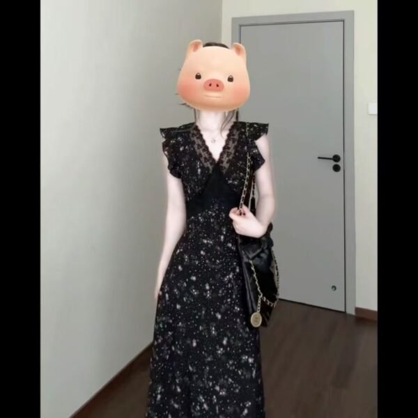 16037#Black Floral V-Neck Maxi Dress — Ruffled Sleeveless A-Line Elegant Casual Party Long Dress