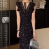 16037#Black Floral V-Neck Maxi Dress — Ruffled Sleeveless A-Line Elegant Casual Party Long Dress