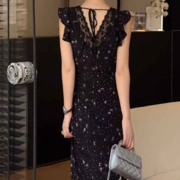 16037#Black Floral V-Neck Maxi Dress — Ruffled Sleeveless A-Line Elegant Casual Party Long Dress