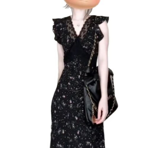 16037#Black Floral V-Neck Maxi Dress — Ruffled Sleeveless A-Line Elegant Casual Party Long Dress