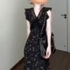 16037#Black Floral V-Neck Maxi Dress — Ruffled Sleeveless A-Line Elegant Casual Party Long Dress