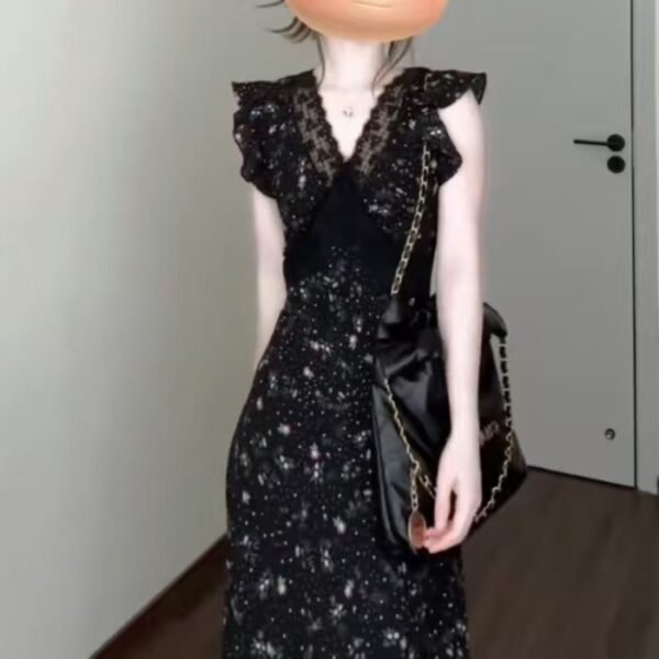 16037#Black Floral V-Neck Maxi Dress — Ruffled Sleeveless A-Line Elegant Casual Party Long Dress