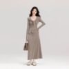 16039#Mocha Brown Knit Maxi Dress — Long Sleeve V-Neck Slim Fit Casual Elegant Sweater Dress
