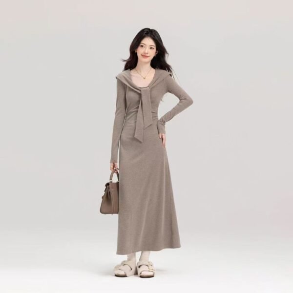 16039#Mocha Brown Knit Maxi Dress — Long Sleeve V-Neck Slim Fit Casual Elegant Sweater Dress
