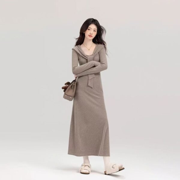 16039#Mocha Brown Knit Maxi Dress — Long Sleeve V-Neck Slim Fit Casual Elegant Sweater Dress