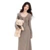 16039#Mocha Brown Knit Maxi Dress — Long Sleeve V-Neck Slim Fit Casual Elegant Sweater Dress