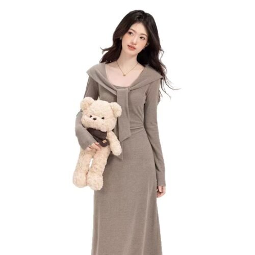 16039#Mocha Brown Knit Maxi Dress — Long Sleeve V-Neck Slim Fit Casual Elegant Sweater Dress
