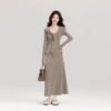 16039#Mocha Brown Knit Maxi Dress — Long Sleeve V-Neck Slim Fit Casual Elegant Sweater Dress