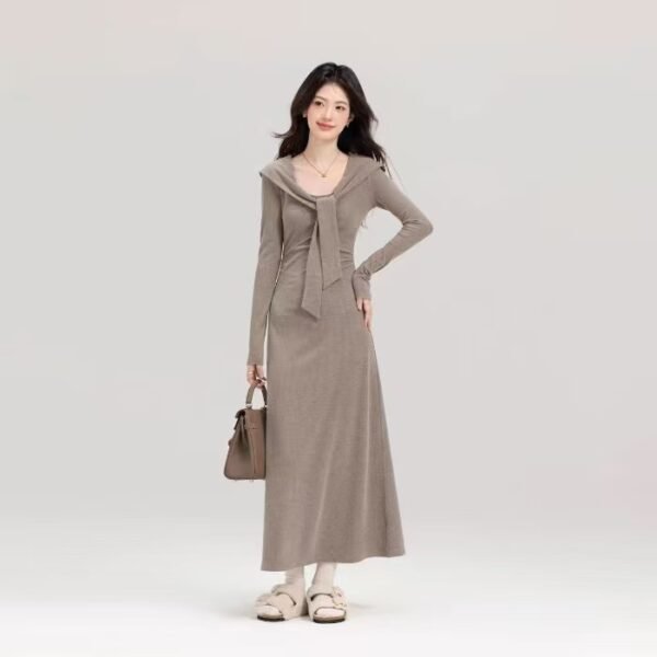 16039#Mocha Brown Knit Maxi Dress — Long Sleeve V-Neck Slim Fit Casual Elegant Sweater Dress