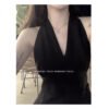 16041#Black Halter Neck Maxi Dress — Sleeveless Deep V-Neck Backless Elegant Evening Party Long Dress