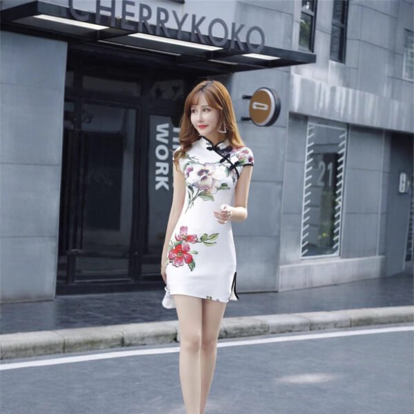 16042#White Floral Print Cheongsam Mini Dress — Modern Short Sleeve Traditional Chinese Qipao